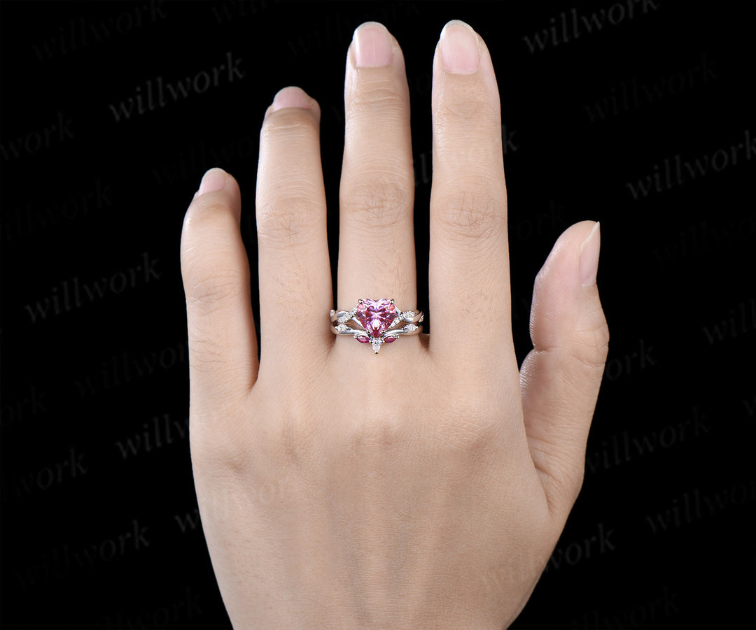 8mm heart shaped pink moissanite engagement ring twisted diamond ring marquise natural ruby wedding band elegant bridal set