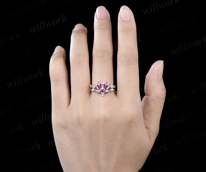 8mm heart shaped pink moissanite engagement ring twisted diamond ring marquise natural ruby wedding band elegant bridal set