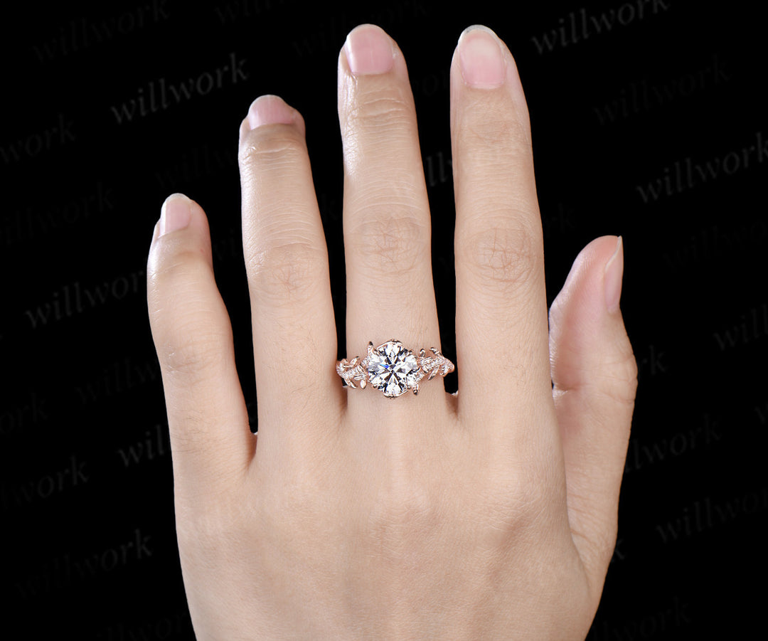 8mm round IGI Certified Diamond Lab grown diamond ring set 14k yellow gold flower engagement ring curved wedding band nature vines bridal set