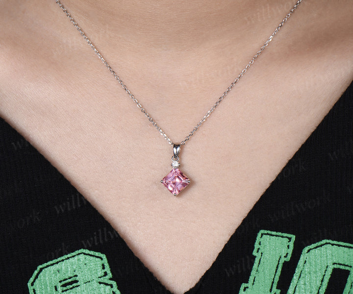 Asscher Cut Padparadscha Engagement Necklace Minimalist Pink Sapphire Diamond Pendant Anniversary Gifts