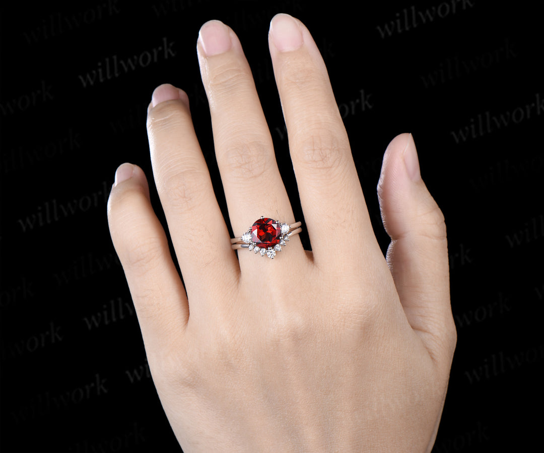 Round Cut Garnet Engagement Ring Three Stone Moisanite Accent Promise Ring Curved Wedding Band Alternative Bridal Set