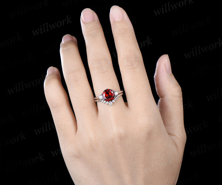 Round Cut Garnet Engagement Ring Three Stone Moisanite Accent Promise Ring Curved Wedding Band Alternative Bridal Set