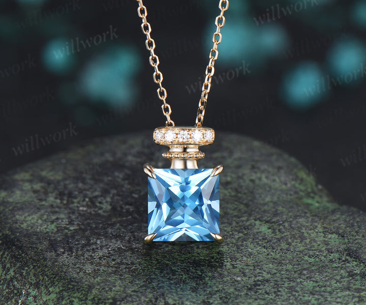 Princess cut Swiss blue topaz necklace unique perfume bottle necklace gemstone pendant wedding anniversary gifts
