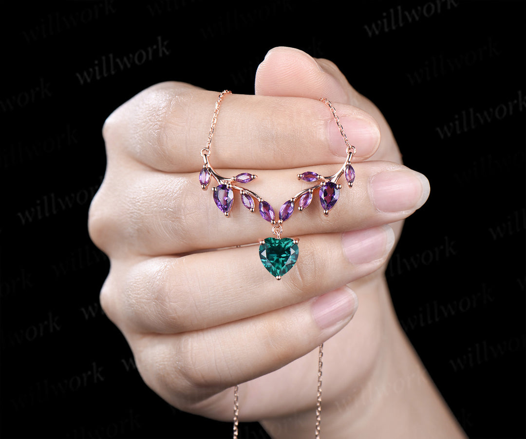 Heart shaped emerald amethyst leaf necklace nature inspired marquise amethyst twig pendant 14k rose gold unique crystal necklace for women
