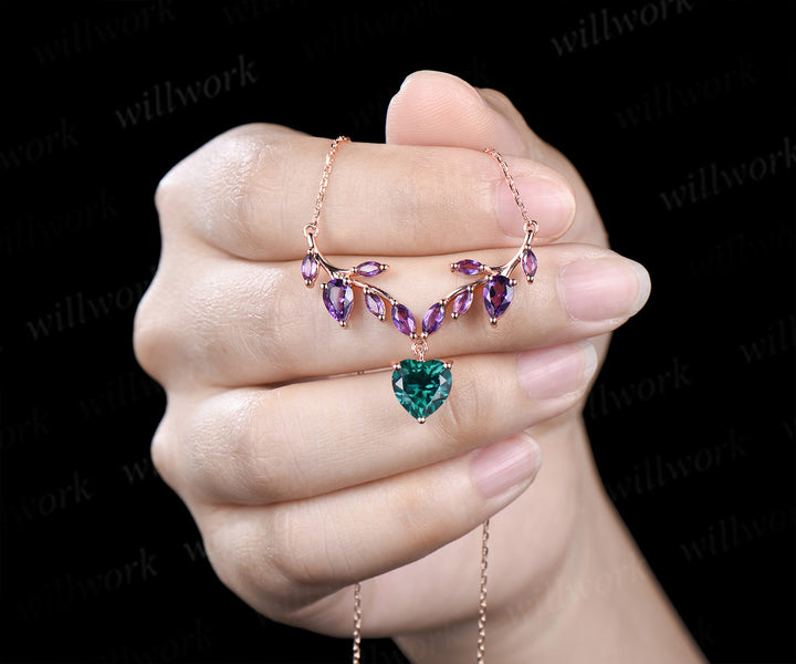 Heart shaped emerald amethyst leaf necklace nature inspired marquise amethyst twig pendant 14k rose gold unique crystal necklace for women