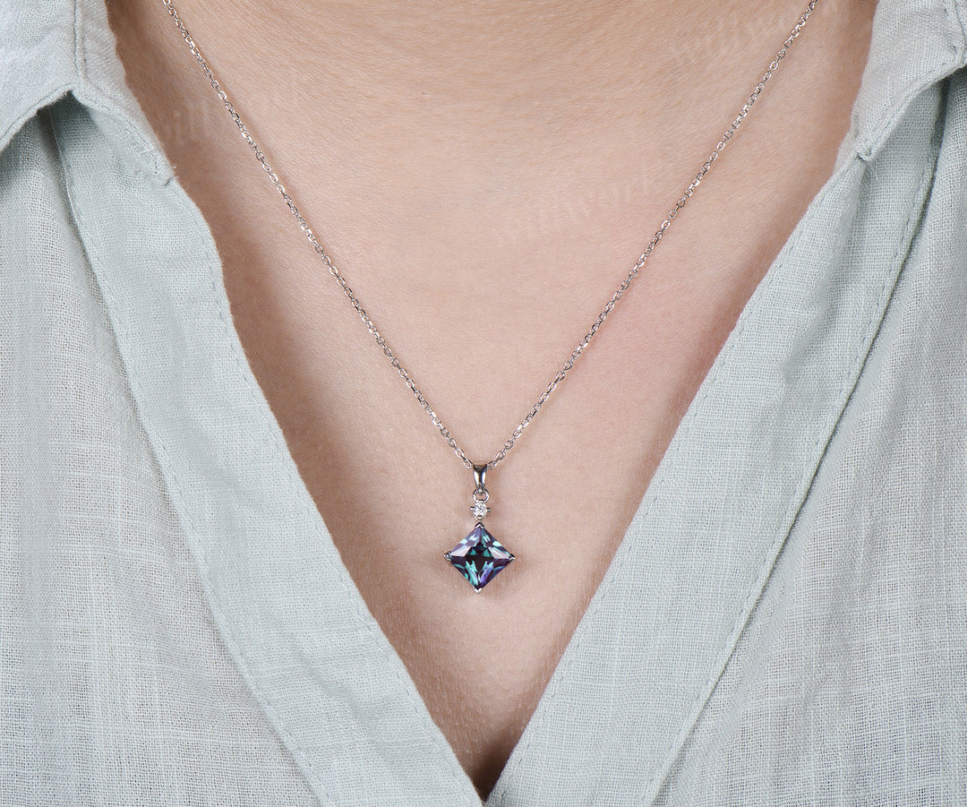 8mm Princess Cut Alexandrite Pendant Necklace Moissanite Accent Minimalist Necklace June Birthstone Jewelry Gift