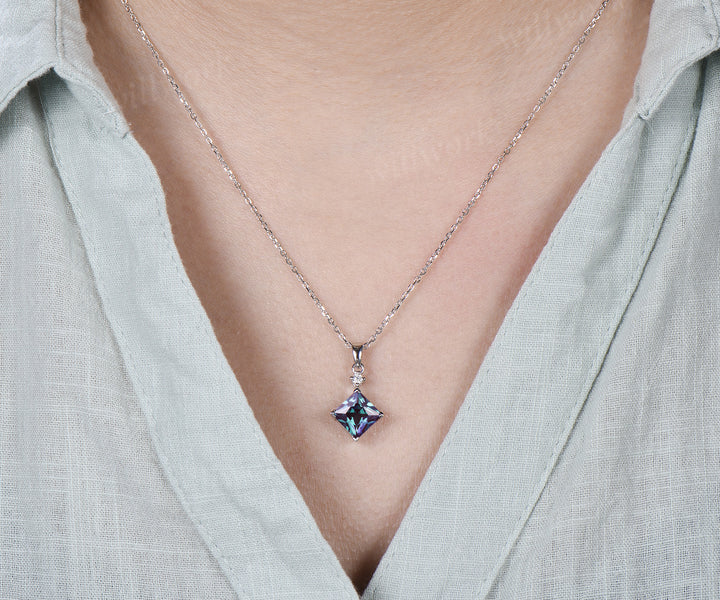 8mm Princess Cut Alexandrite Pendant Necklace Moissanite Accent Minimalist Necklace June Birthstone Jewelry Gift