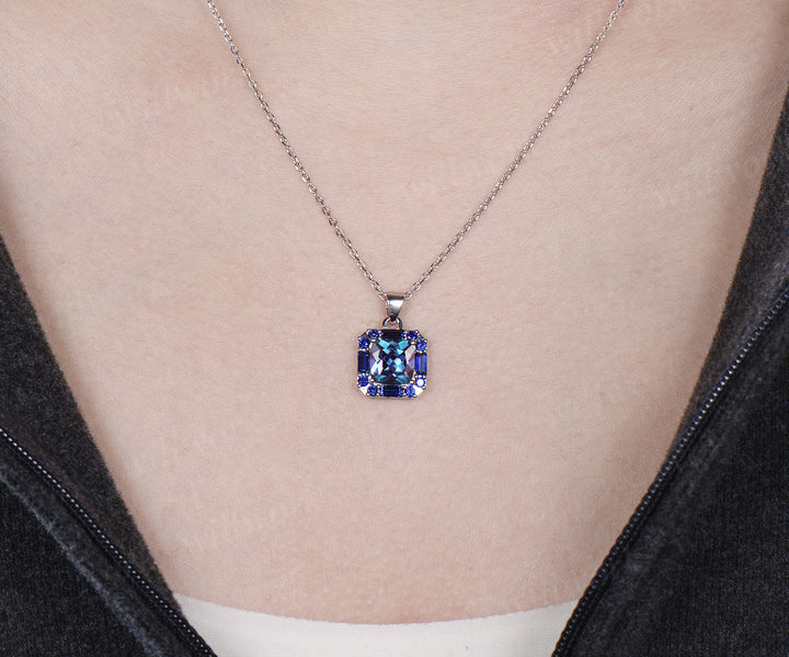 2ct cushion cut alexandrite pendant necklace baguette blue sapphire halo pendant anniversary birthday gift