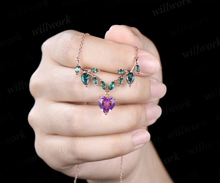 Heart shaped amethyst necklace nature inspired marquise emerald twig pendant unique fairy style jewelry for women