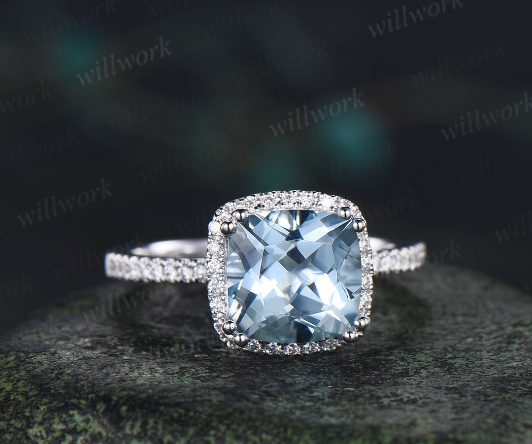 8mm cushion aquamarine diamond halo engagement ring retro half infinity diamond wedding ring March birthstone