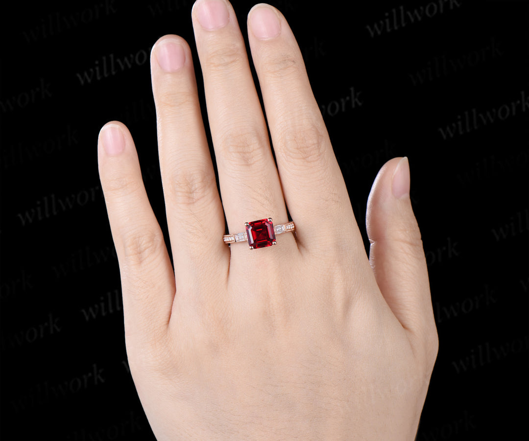 8mm Asscher Cut Ruby Engagement Ring Vintage Milgrain Filigree Baguette Moissanite Accent Ring Hand-engraved Half Eternity Ring