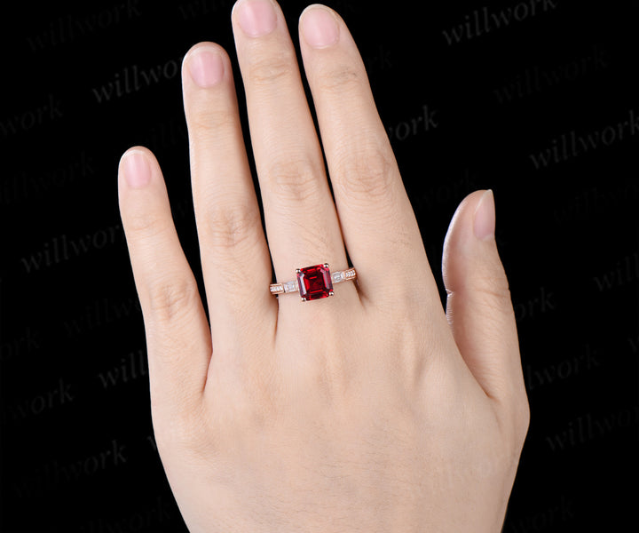 8mm Asscher Cut Ruby Engagement Ring Vintage Milgrain Filigree Baguette Moissanite Accent Ring Hand-engraved Half Eternity Ring