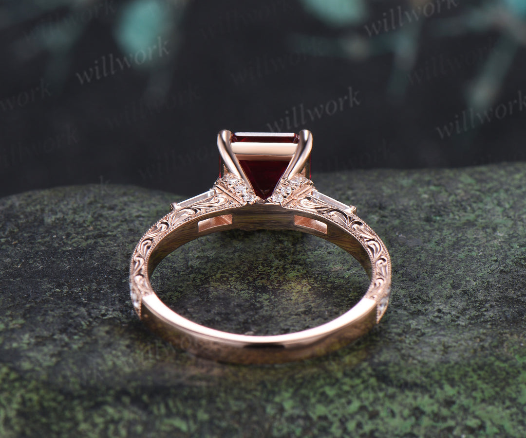 8mm Asscher Cut Ruby Engagement Ring Vintage Milgrain Filigree Baguette Moissanite Accent Ring Hand-engraved Half Eternity Ring