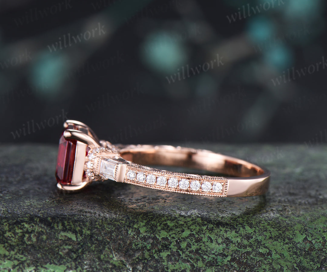 8mm Asscher Cut Ruby Engagement Ring Vintage Milgrain Filigree Baguette Moissanite Accent Ring Hand-engraved Half Eternity Ring