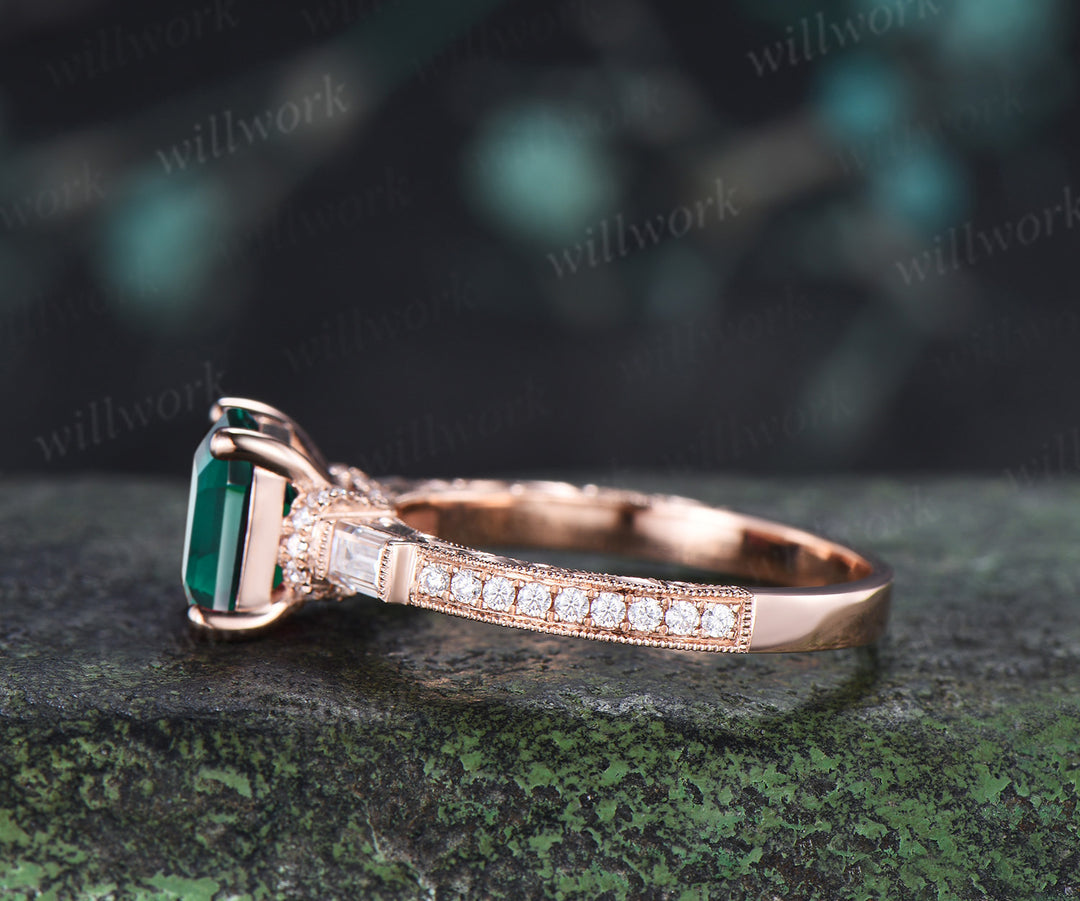 Vintage Asscher Cut Emerald Hand-engraved Engagement Ring Milgrain Filigree Baguette Moissanite Accent Half Eternity Ring Bridal Gifts