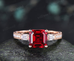 8mm Asscher Cut Ruby Engagement Ring Vintage Milgrain Filigree Baguette Moissanite Accent Ring Hand-engraved Half Eternity Ring