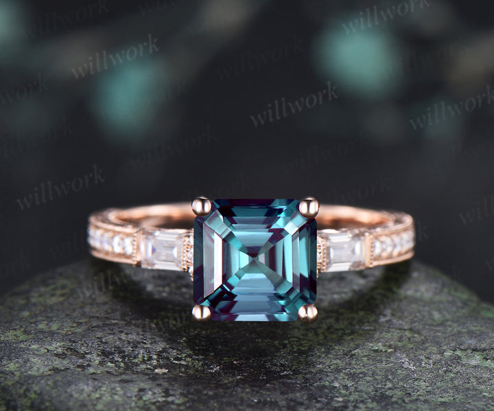 Vintage Asscher Cut Alexandrite Hand-engraved Engagement Ring Milgrain Filigree Baguette Moissanite Accent Half Eternity Ring Bridal Gifts