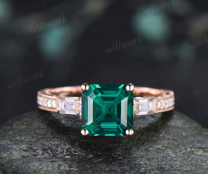 Vintage Asscher Cut Emerald Hand-engraved Engagement Ring Milgrain Filigree Baguette Moissanite Accent Half Eternity Ring Bridal Gifts