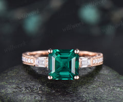 Vintage Asscher Cut Emerald Hand-engraved Engagement Ring Milgrain Filigree Baguette Moissanite Accent Half Eternity Ring Bridal Gifts