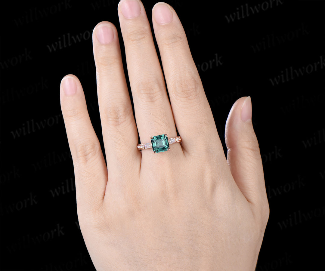 8mm Asscher Cut Emerald Engagement Ring Vintage Milgrain Filigree Baguette Moissanite Accent Ring Hand-engraved Half Eternity Ring