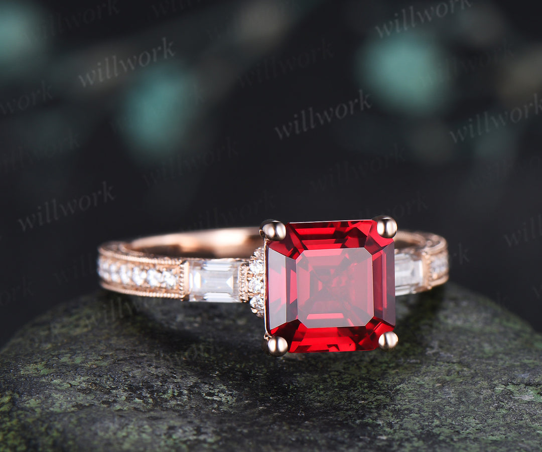 8mm Asscher Cut Ruby Engagement Ring Vintage Milgrain Filigree Baguette Moissanite Accent Ring Hand-engraved Half Eternity Ring