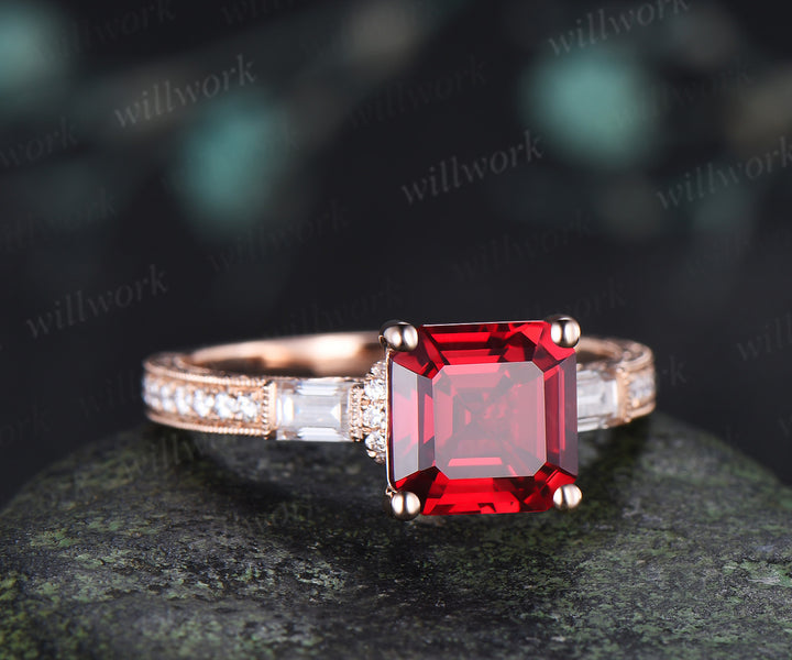 8mm Asscher Cut Ruby Engagement Ring Vintage Milgrain Filigree Baguette Moissanite Accent Ring Hand-engraved Half Eternity Ring