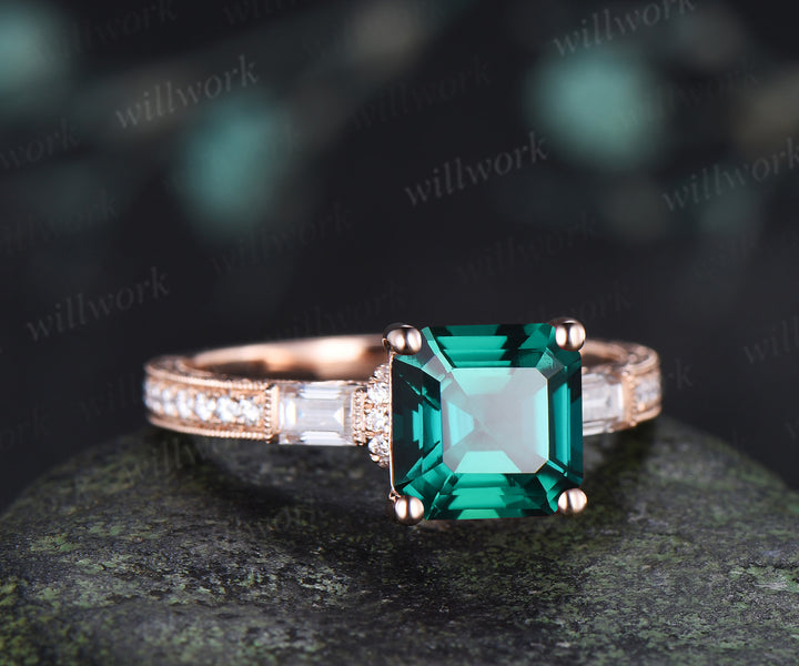 Vintage Asscher Cut Emerald Hand-engraved Engagement Ring Milgrain Filigree Baguette Moissanite Accent Half Eternity Ring Bridal Gifts