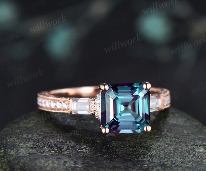Vintage Asscher Cut Alexandrite Hand-engraved Engagement Ring Milgrain Filigree Baguette Moissanite Accent Half Eternity Ring Bridal Gifts