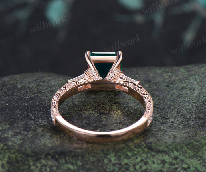 8mm Asscher Cut Emerald Engagement Ring Vintage Milgrain Filigree Baguette Moissanite Accent Ring Hand-engraved Half Eternity Ring