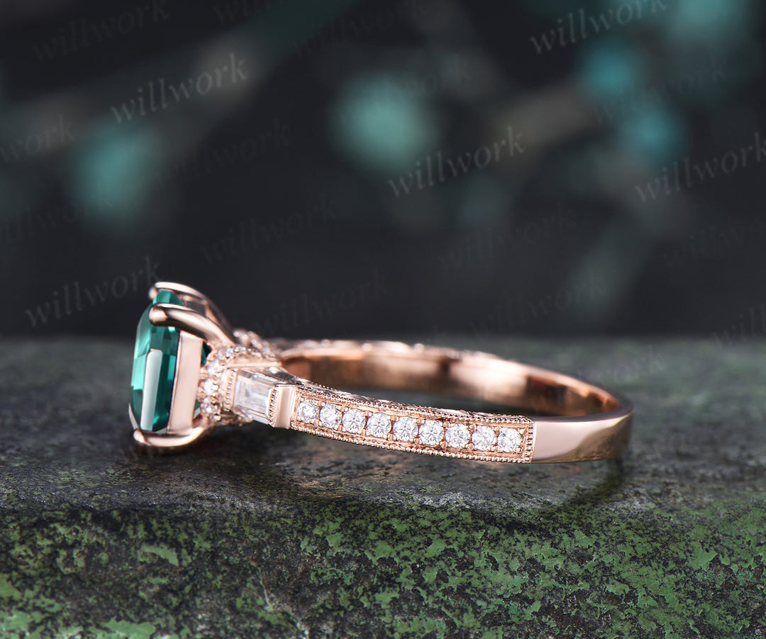 8mm Asscher Cut Emerald Engagement Ring Vintage Milgrain Filigree Baguette Moissanite Accent Ring Hand-engraved Half Eternity Ring