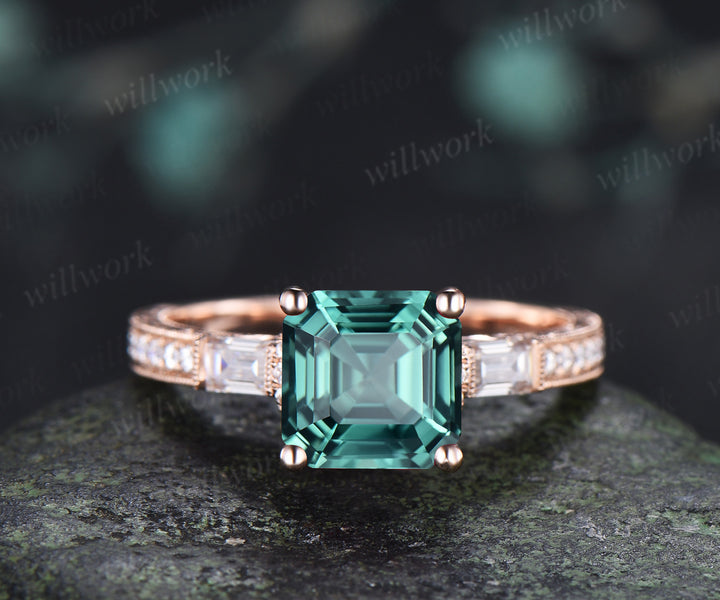 8mm Asscher Cut Emerald Engagement Ring Vintage Milgrain Filigree Baguette Moissanite Accent Ring Hand-engraved Half Eternity Ring