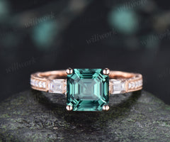 8mm Asscher Cut Emerald Engagement Ring Vintage Milgrain Filigree Baguette Moissanite Accent Ring Hand-engraved Half Eternity Ring