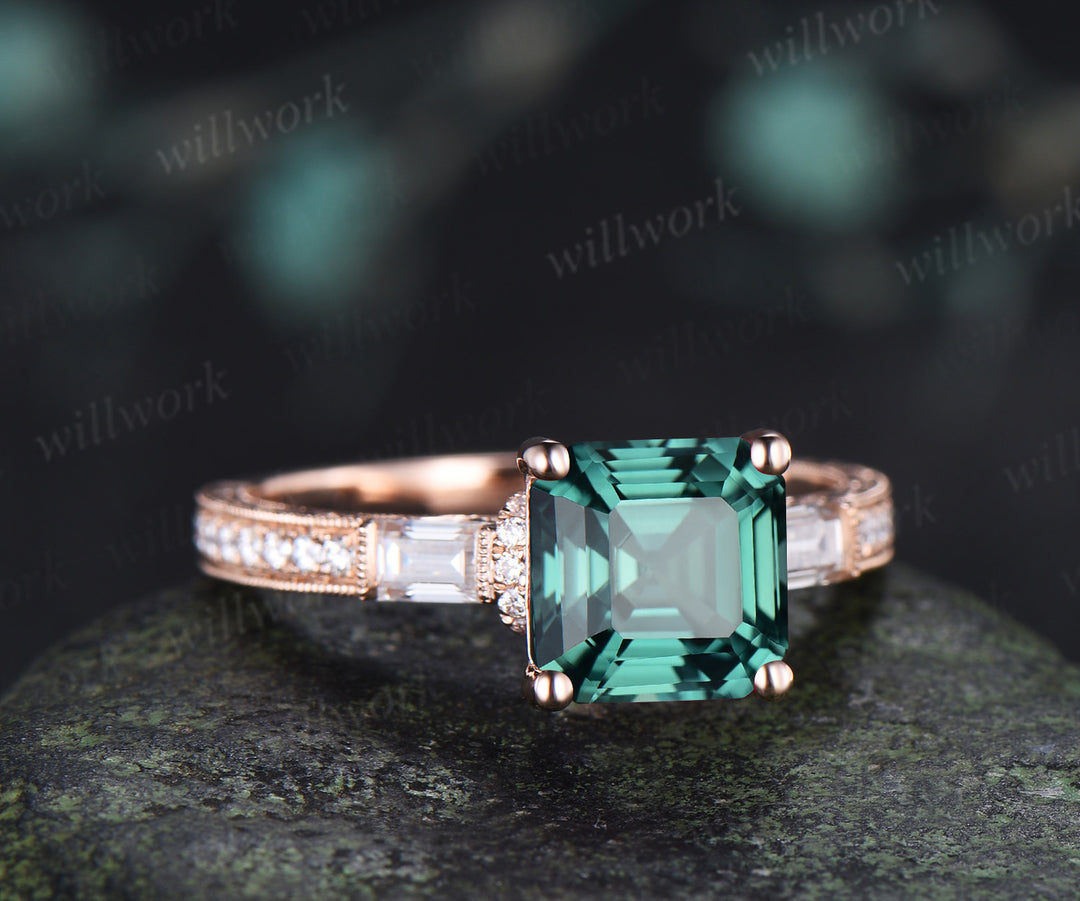 8mm Asscher Cut Emerald Engagement Ring Vintage Milgrain Filigree Baguette Moissanite Accent Ring Hand-engraved Half Eternity Ring