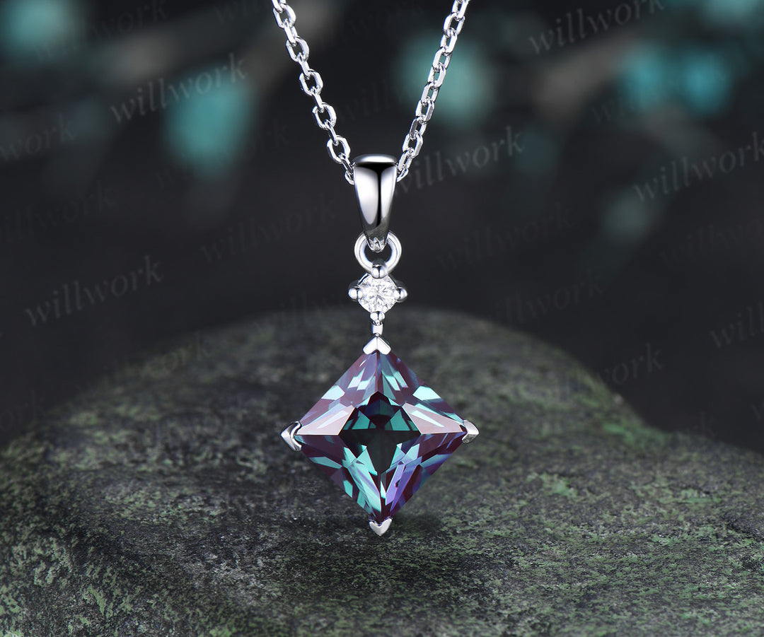 8mm Princess Cut Alexandrite Pendant Necklace Moissanite Accent Minimalist Necklace June Birthstone Jewelry Gift