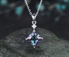 8mm Princess Cut Alexandrite Pendant Necklace Moissanite Accent Minimalist Necklace June Birthstone Jewelry Gift