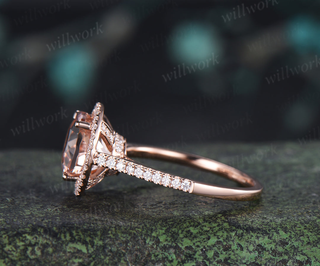 Vintage Round Natural Morganite Engagement Ring Diamond Halo Half Eternity Wedding Ring Anniversary Gifts for Her
