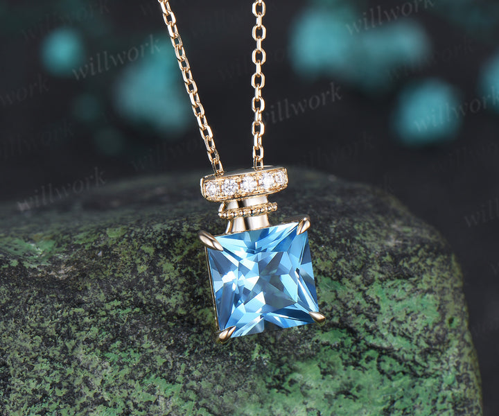 Princess cut Swiss blue topaz necklace unique perfume bottle necklace gemstone pendant wedding anniversary gifts