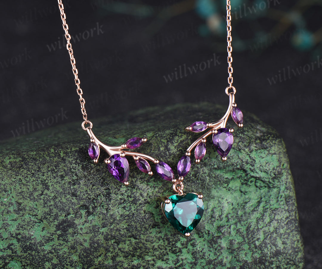 Heart shaped emerald amethyst leaf necklace nature inspired marquise amethyst twig pendant 14k rose gold unique crystal necklace for women