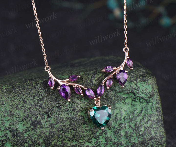 Heart shaped emerald amethyst leaf necklace nature inspired marquise amethyst twig pendant 14k rose gold unique crystal necklace for women
