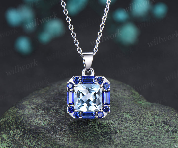 2ct cushion cut natural aquamarine pendant necklace blue sapphire halo pendant personalized jewelry gift