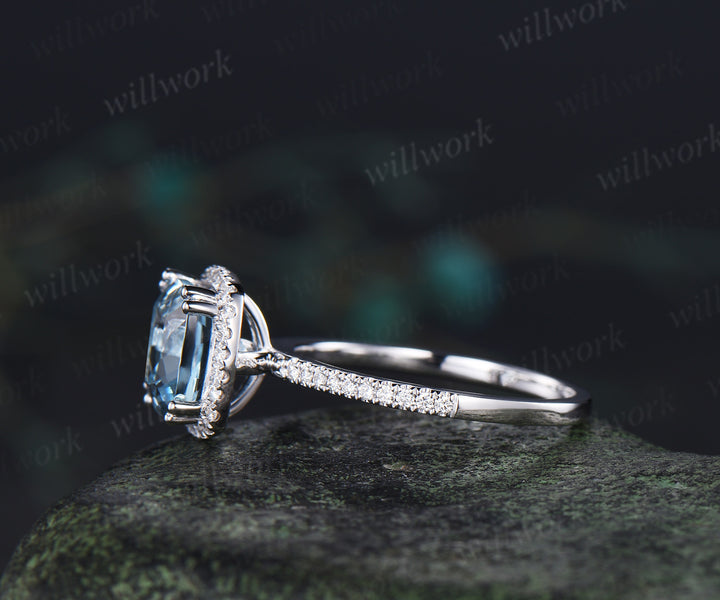 8mm cushion aquamarine diamond halo engagement ring retro half infinity diamond wedding ring March birthstone