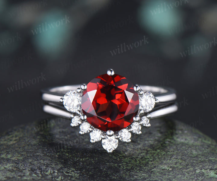Round Cut Garnet Engagement Ring Three Stone Moisanite Accent Promise Ring Curved Wedding Band Alternative Bridal Set