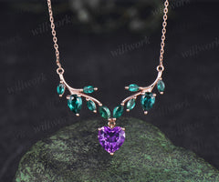 Heart shaped amethyst necklace nature inspired marquise emerald twig pendant unique fairy style jewelry for women