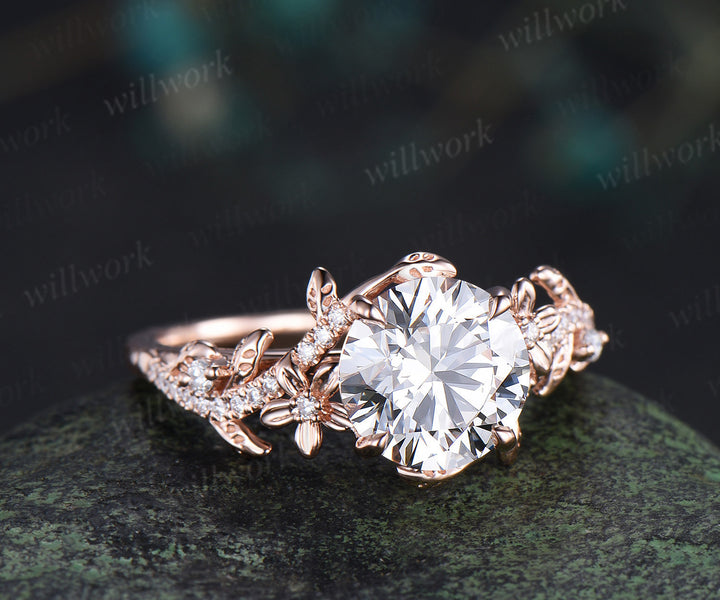 8mm round IGI Certified Diamond Lab grown diamond ring set 14k yellow gold flower engagement ring curved wedding band nature vines bridal set