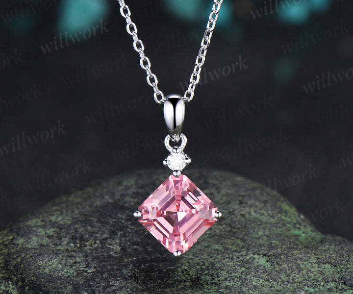 Asscher Cut Padparadscha Engagement Necklace Minimalist Pink Sapphire Diamond Pendant Anniversary Gifts
