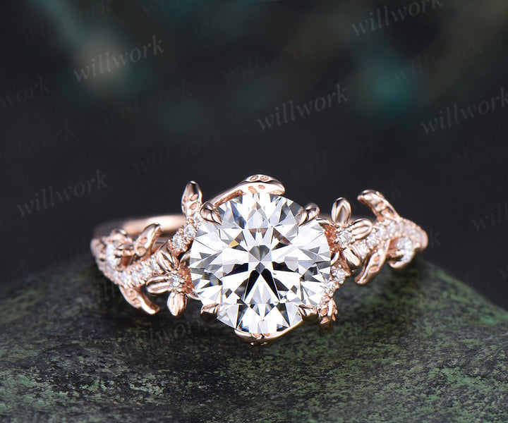 8mm round IGI Certified Diamond Lab grown diamond ring set 14k yellow gold flower engagement ring curved wedding band nature vines bridal set