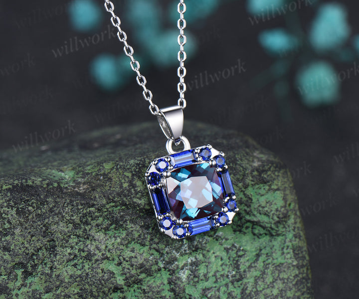2ct cushion cut alexandrite pendant necklace baguette blue sapphire halo pendant anniversary birthday gift