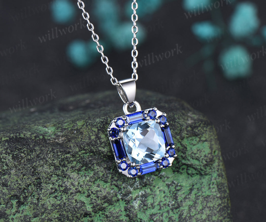 2ct cushion cut natural aquamarine pendant necklace blue sapphire halo pendant personalized jewelry gift