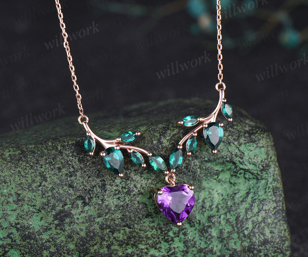 Heart shaped amethyst necklace nature inspired marquise emerald twig pendant unique fairy style jewelry for women