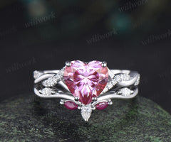 8mm heart shaped pink moissanite engagement ring twisted diamond ring marquise natural ruby wedding band elegant bridal set